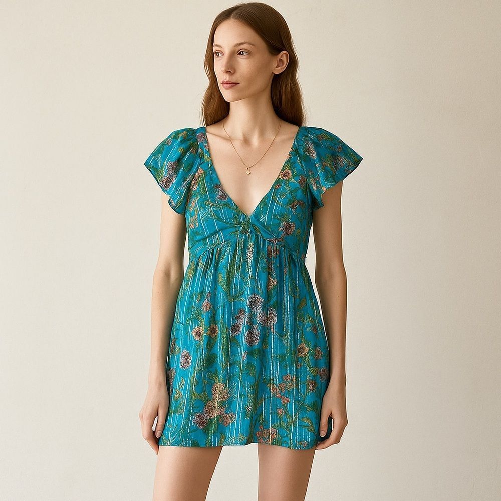 Just Bellina NEW Blue Metallic Floral Mini Dress Puff Sleeve V Neck Coquette S
